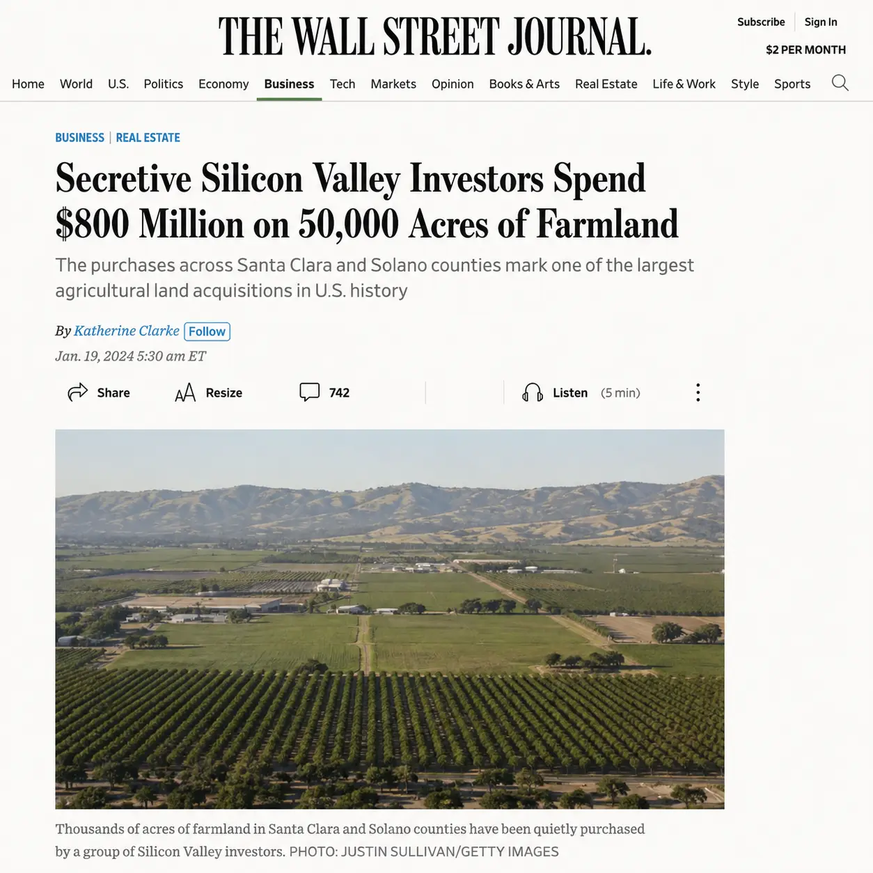 A Wall Street Journal article headlined Secretive Silicon Valley Investors Spend $800 Million on 50,000 Acres of Farmland